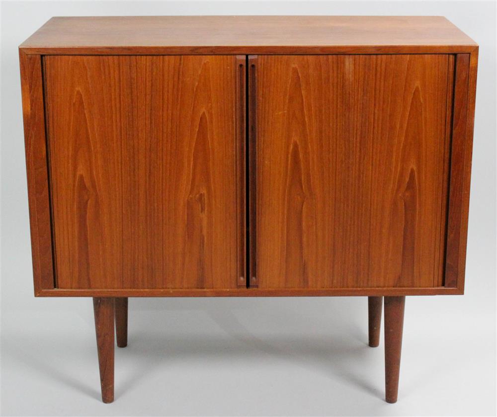 Appraisal: MID-CENTURY MODERN TEAK TAMBOUR RECORD ALBUM CABINET the top over