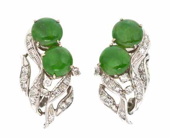 Appraisal: A Pair of K White Gold Jade and Diamond Earclips