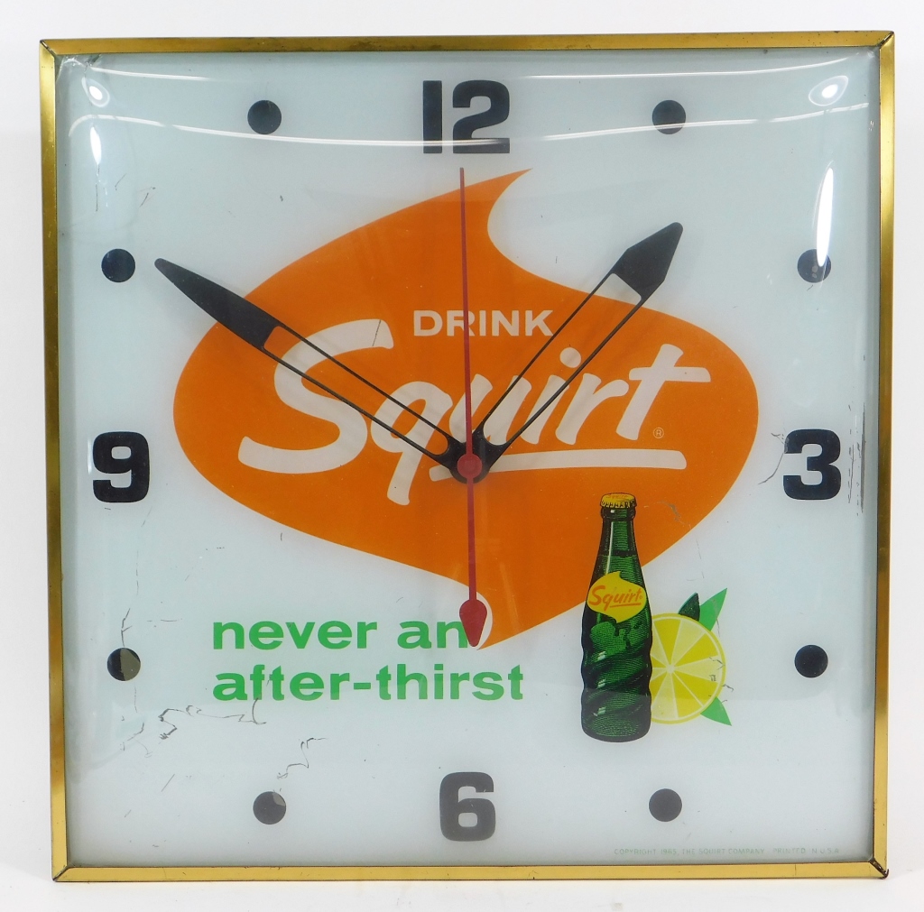 Appraisal: VINTAGE SQUIRT SODA ADVERTISING CLOCK United States th CenturySquare face