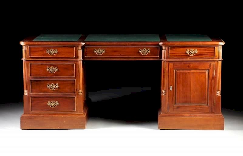 Appraisal: A WILLIAM IV STYLE CARVED MAHOGANY TWO PEDESTAL DESK LATE