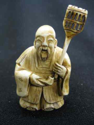 Appraisal: Carved Ivory Netsuke of Old Manwith pipe rack '' signed