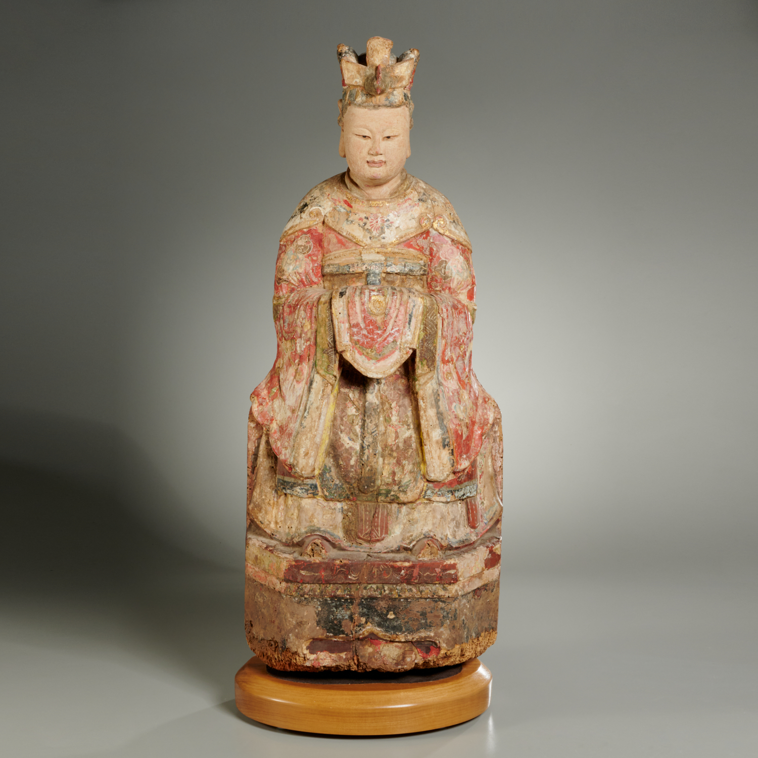 Appraisal: ANTIQUE CHINESE PAINTED WOOD GUANYIN Late Ming early Qing Dynasty