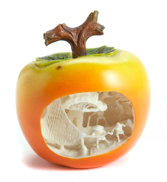 Appraisal: A tinted ivory persimmon with interior landscape of fishermen height