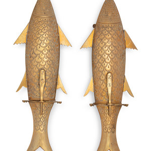 Appraisal: A Two-Piece Carving Set in Brass Fish-Form Sheaths th Century