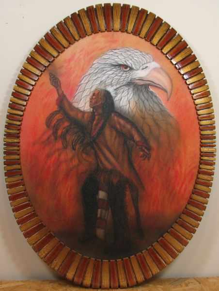 Appraisal: Large Oval Native American Airbrushing '' x '' canvas ''