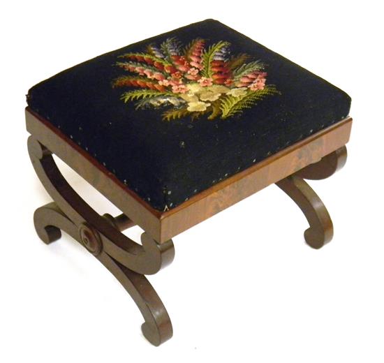 Appraisal: th C mahogany foot stool floral needlepoint top multicolored flowers