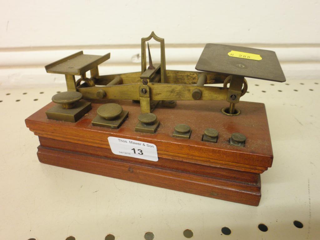 Appraisal: A set of mahogany and brass postal scales with six