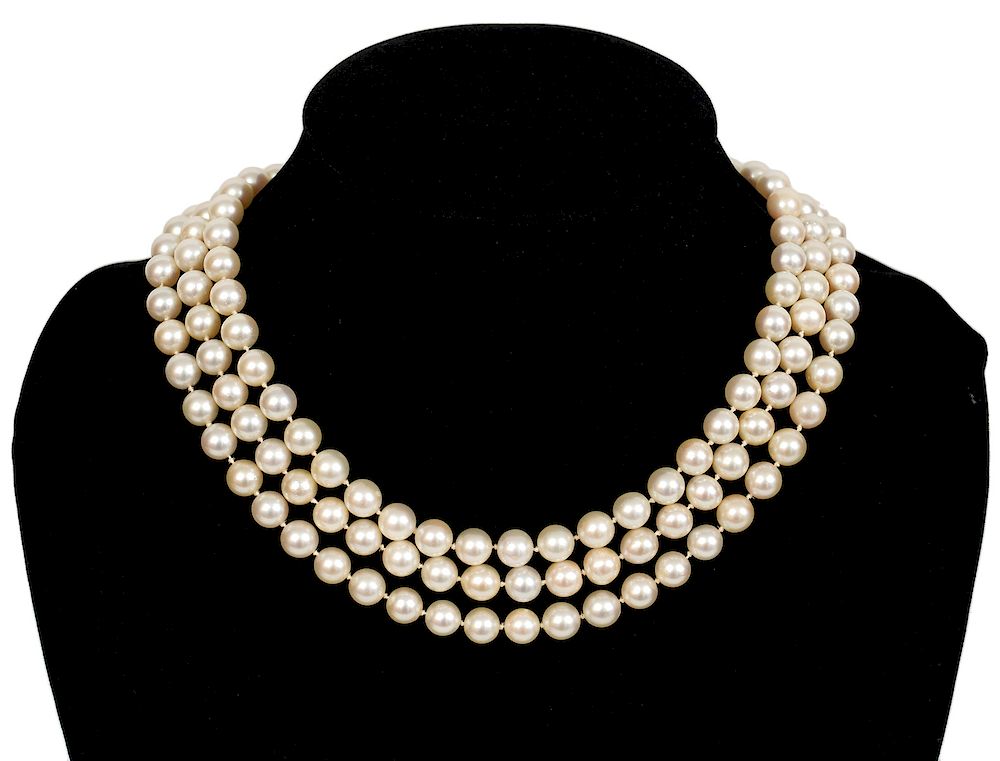 Appraisal: Triple Strand Cultured Pearl Diamond Necklace Elegant triple strand cultured