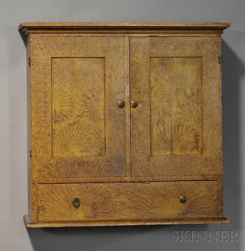 Appraisal: Paint-decorated Pine Paneled Wall Cupboard New England early th century