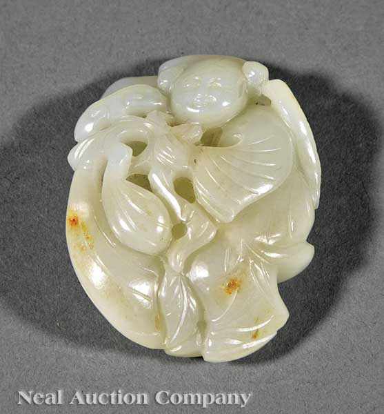 Appraisal: A Chinese Celadon Jade Girl and Lingzhi Toggle th c