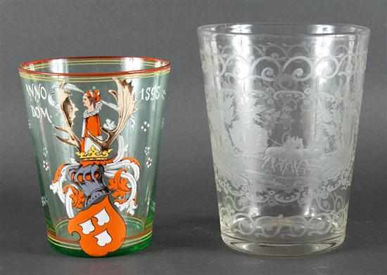 Appraisal: German enamel decorated flip glass and a similar etched flip