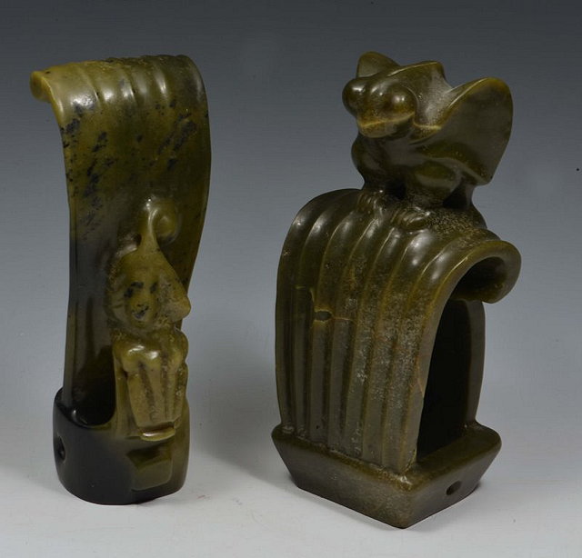 Appraisal: TWO CHINESE JADE HEAD DRESSES one with stylised bird on