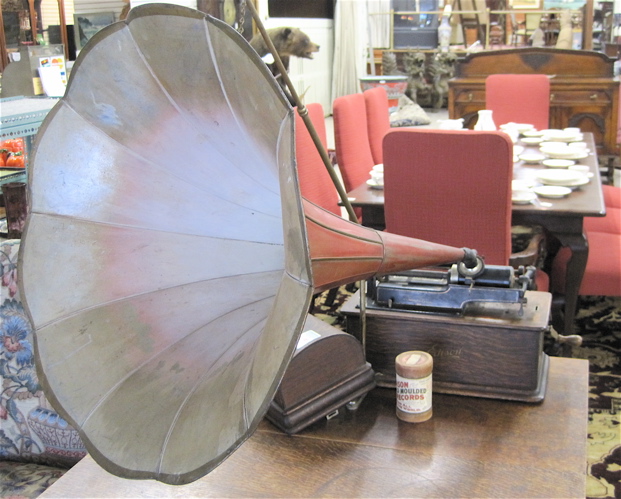 Appraisal: EDISON CYLINDER PHONOGRAPH WITH LID HORN AND CYLINDER RECORDS Home