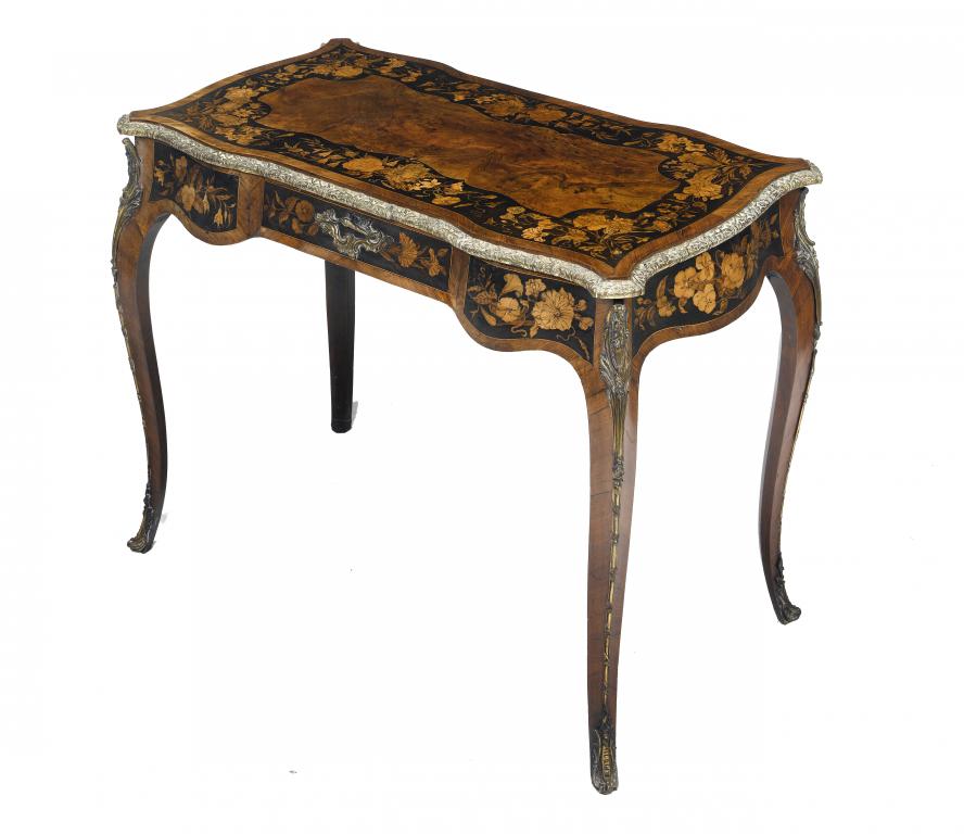 Appraisal: A VICTORIAN ORMOLU-MOUNTED WALNUT KINGWOOD AND MARQUETRY TABLE the serpentine