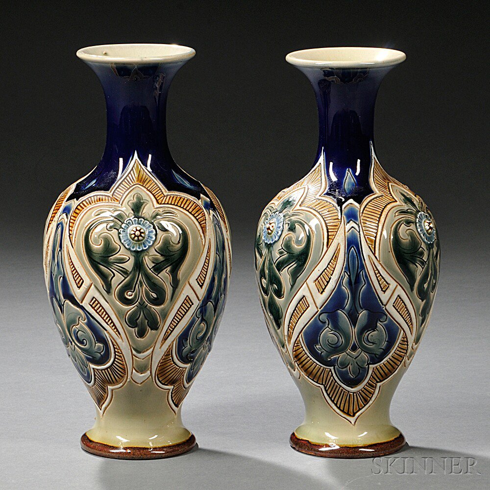 Appraisal: Pair of Doulton Lambeth Frank Butler Decorated Vases England bottle