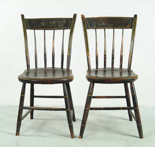 Appraisal: PAIR OF MAINE PAINT DECORATED THUMBACK SIDE CHAIRS Stencil signed