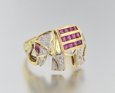 Appraisal: A Diamond and Ruby Elephant Design Ring k yellow gold