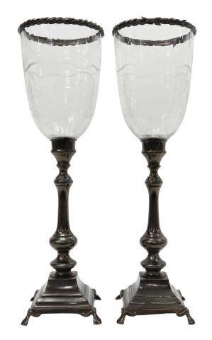 Appraisal: pair Decorative patinated metal and glass hurricane candle lamps st