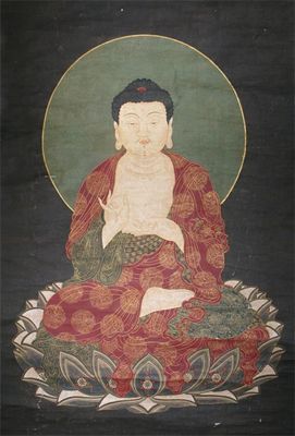 Appraisal: A Chinese scroll painting of Buddha seated on a lotus