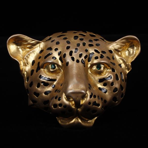 Appraisal: Unmarked Gold Tone Enamel Leopard Head Figural Animal Cuff Bracelet