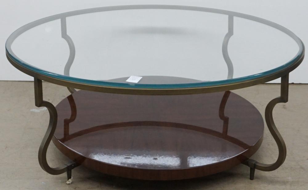 Appraisal: CONTEMPORARY PATINATED METAL AND LAMINATE ROUND GLASS TOP COCKTAIL TABLE