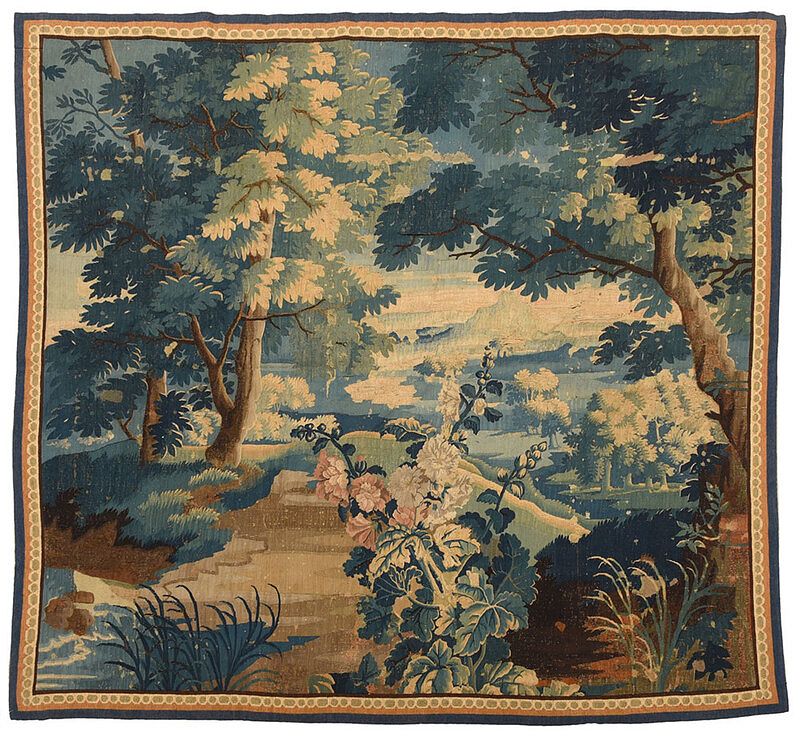 Appraisal: Verdure Wool Tapestry Panel Continental th century landscape with hollyhocks