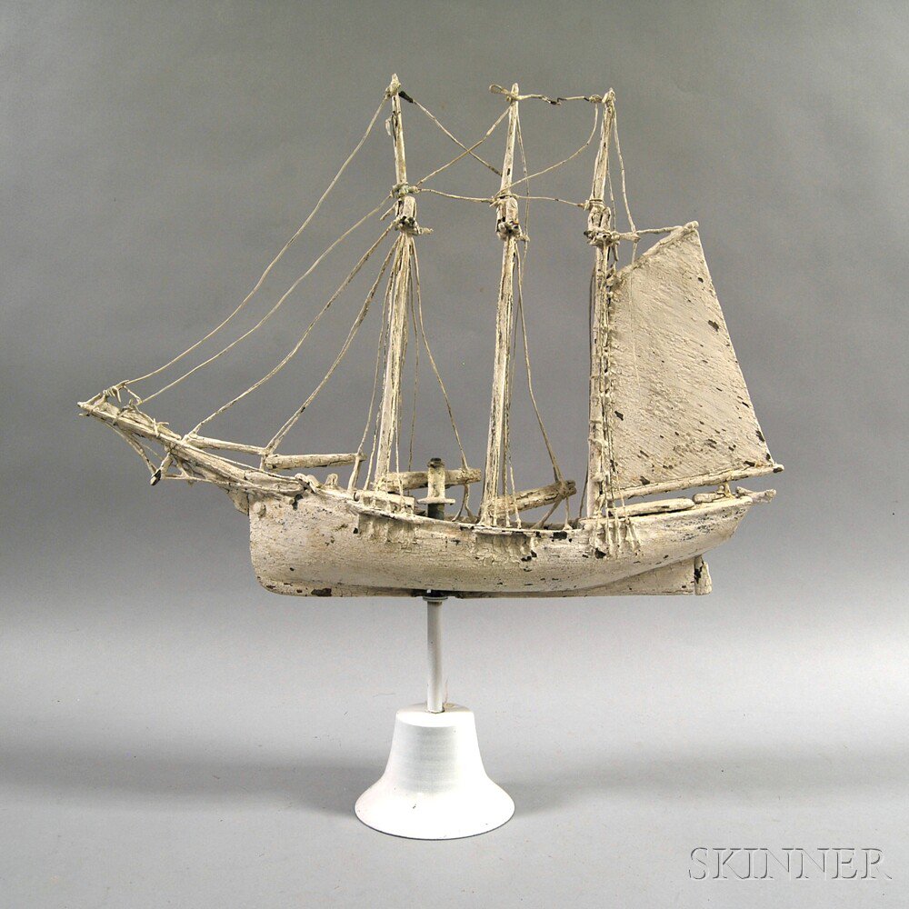 Appraisal: White-painted Wooden Three-masted Ship Weathervane th century ht wd in