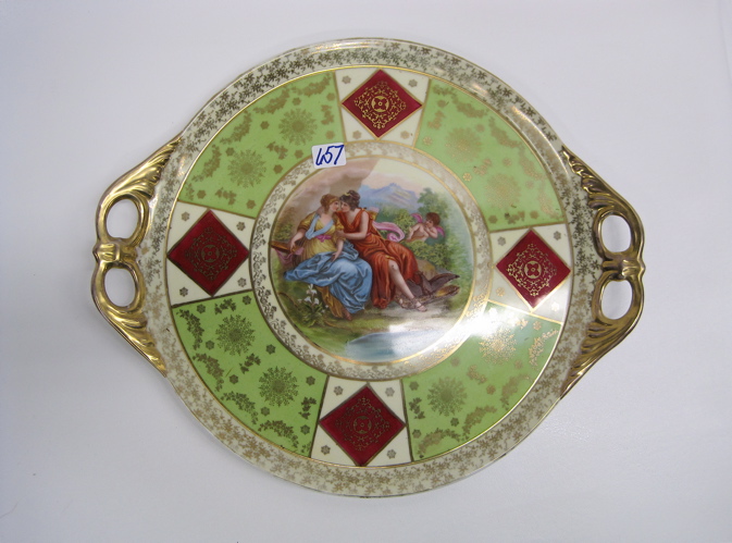 Appraisal: ROUND PORCELAIN DOUBLE HANDLED SERVING TRAY green red and gold