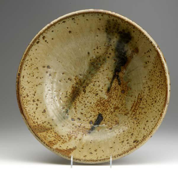 Appraisal: TOSHIKO TAKAEZU Large stoneware centerpiece bowl covered in olive-gray over