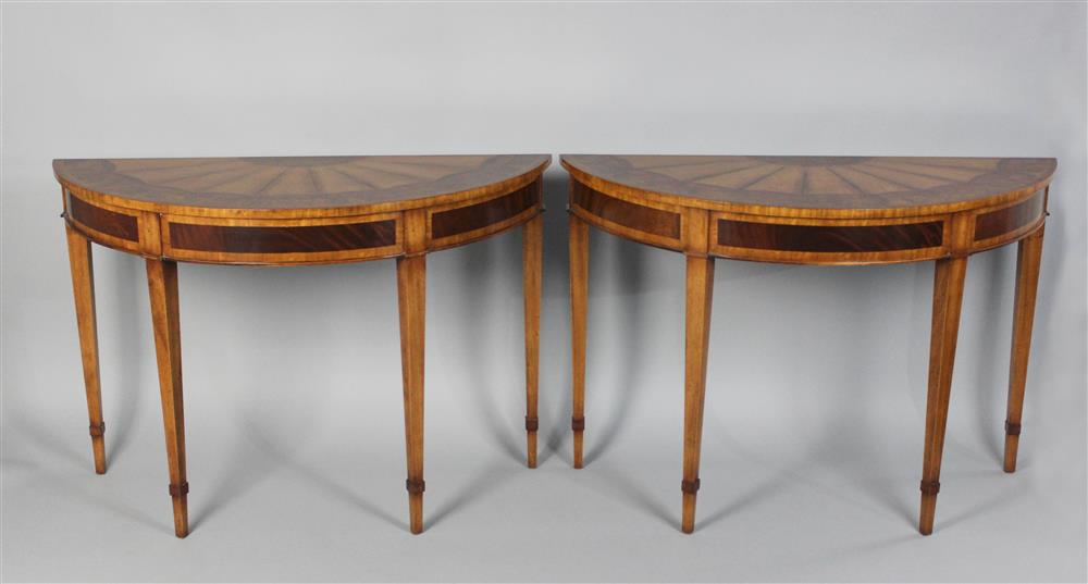 Appraisal: PAIR OF GEORGIAN STYLE FAN INLAID MAHOGANY DEMILUNE CONSOLE TABLES