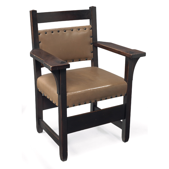 Appraisal: Gustav Stickley armchair horizontal slat at back over a recoveredseat