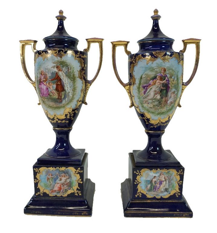 Appraisal: Pair of Royal Vienna Style Cobalt Blue Lidded Urns Pair