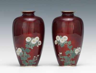 Appraisal: A Pair of Ando Cloisonn Vases Two pigeon blood color