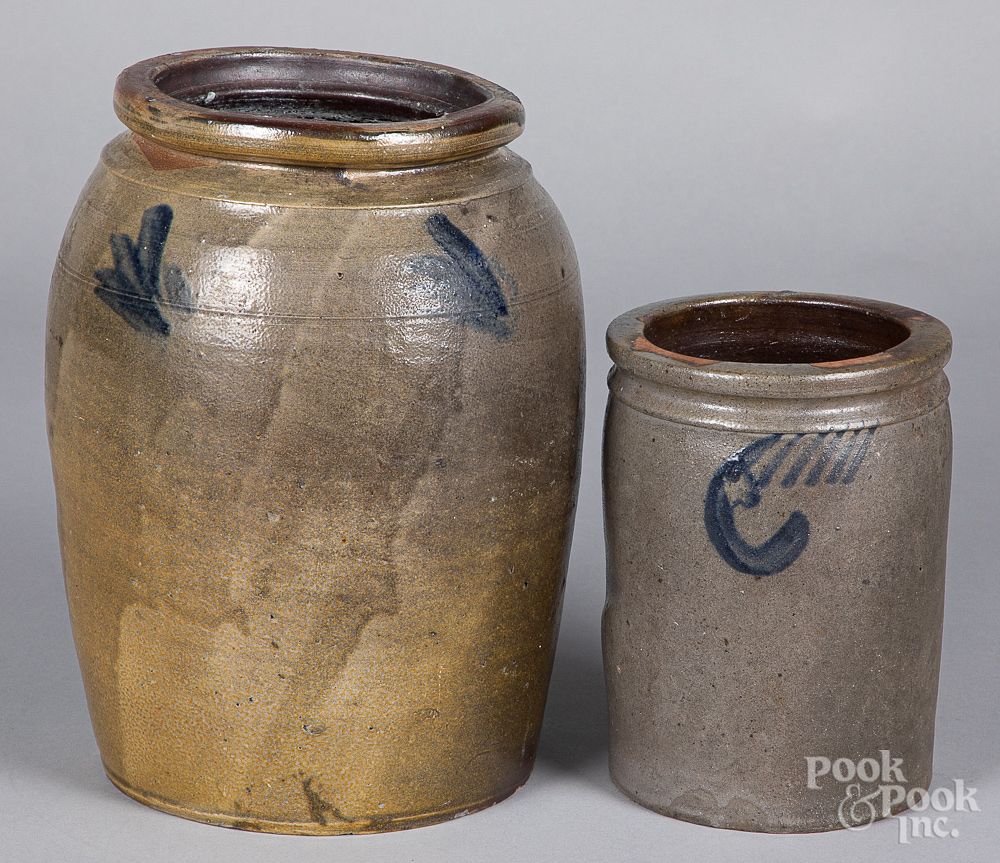 Appraisal: Two cobalt decorated stoneware crocks th c Two cobalt decorated