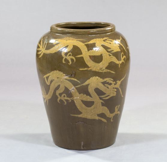 Appraisal: Monumental Chinese Gloss Ochre- and Dark Cinnamon-Glazed Pyriform Pottery Storage