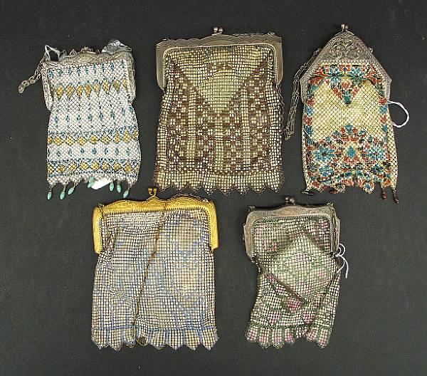 Appraisal: Five enameled mesh purses first quarter th century Each with