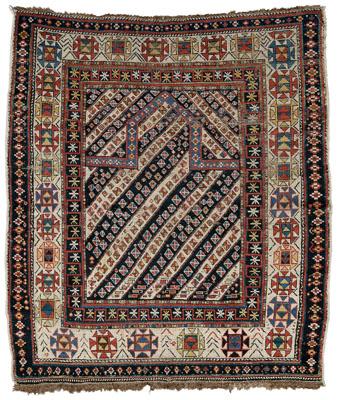 Appraisal: Caucasian prayer rug central panel with diagonal rows alternating dark