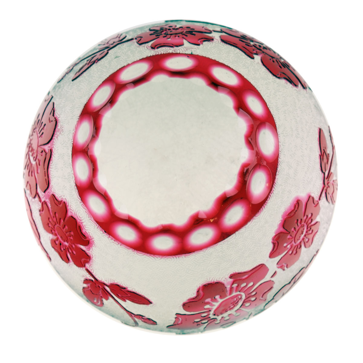 Appraisal: RED CUT OVERLAY PAPERWEIGHT WITH FLORAL DECORATION Together with a