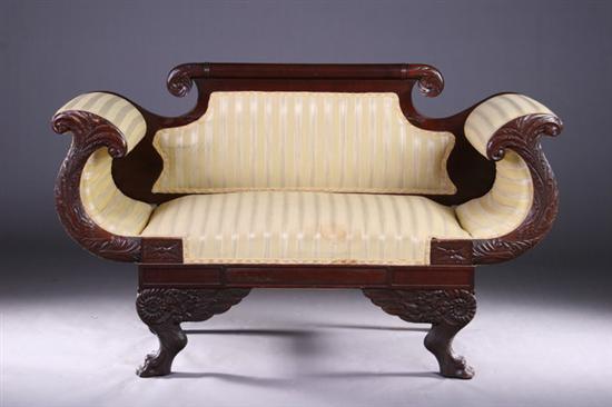 Appraisal: EMPIRE-STYLE MAHOGANY DIMINUTIVE SCROLL-END SOFA th century With downscrolled crest