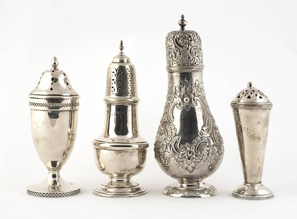 Appraisal: A group of five silver casters Comprising chased pyriform HA