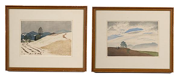 Appraisal: LANDSCAPE PRINTS BY HANS FRANK COLORED WOODCUTS A pair of