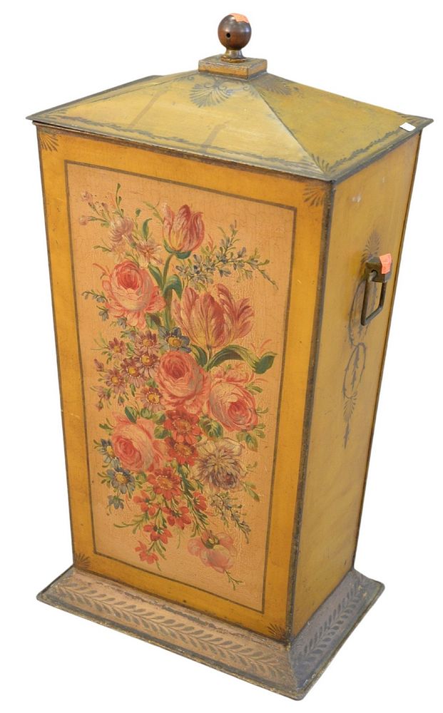 Appraisal: Victorian tole coal hod painted yellow with flowers height inches