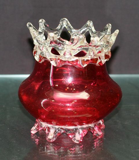 Appraisal: Victorian ruby glass footed bowl with clear glass pierced frilled