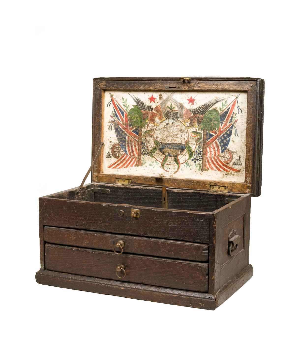 Appraisal: WOOD TWO-DRAWER TATTOOER'S CHEST WITH PAINTED LID Of typical form