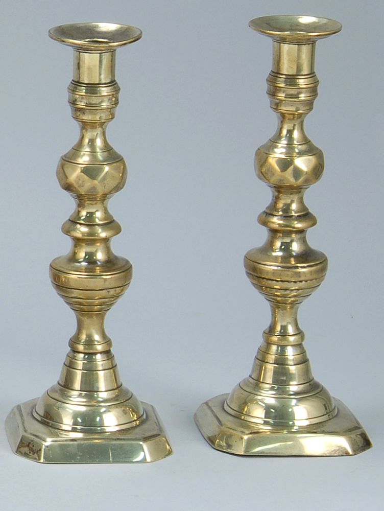 Appraisal: PAIR OF ANTIQUE BRASS PUSH-UP CANDLESTICKS Mid- th CenturyIn Diamond