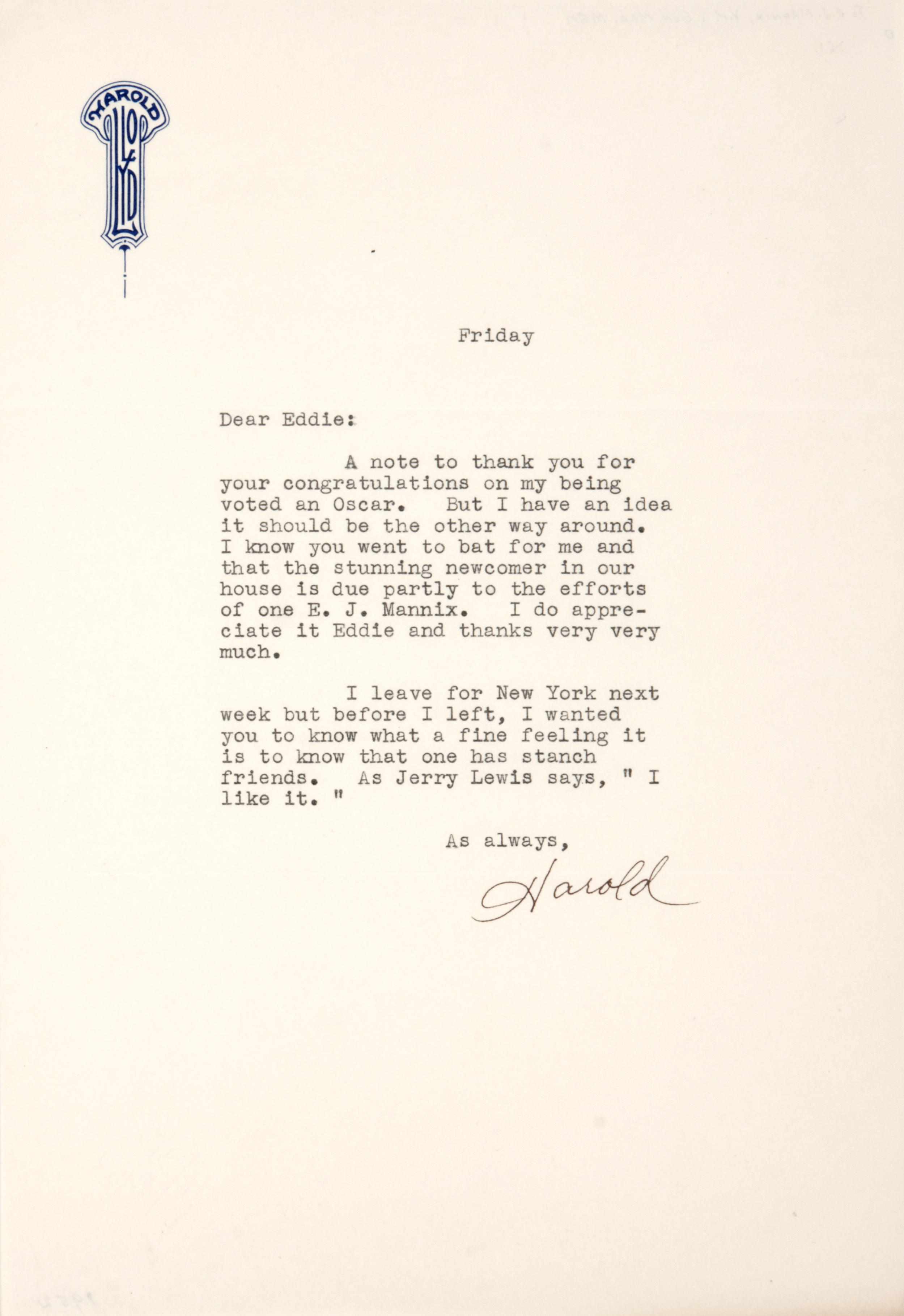 Appraisal: LLOYD HAROLD Autograph Letter Signed ''Harold C Lloyd'' p to