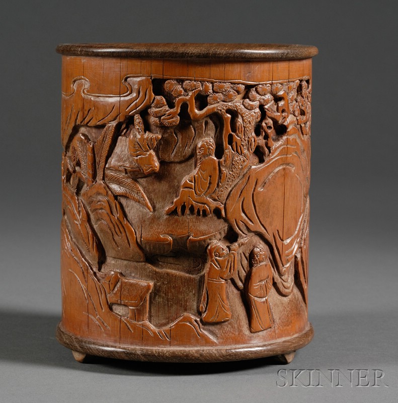 Appraisal: Bamboo Brush Pot China th century relief carved with scenes