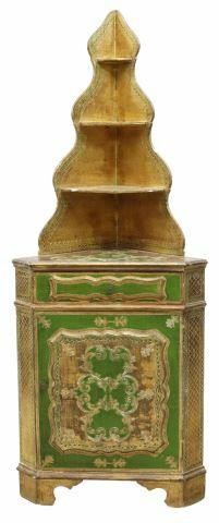 Appraisal: Venetian parcel gilt and paint decorated corner cabinet th c