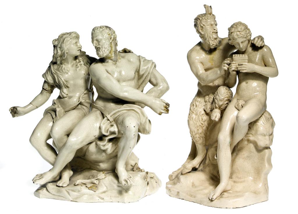 Appraisal: TWO ITALIAN FAIENCE GROUPS OF PAN AND APOLLO AND ANOTHER