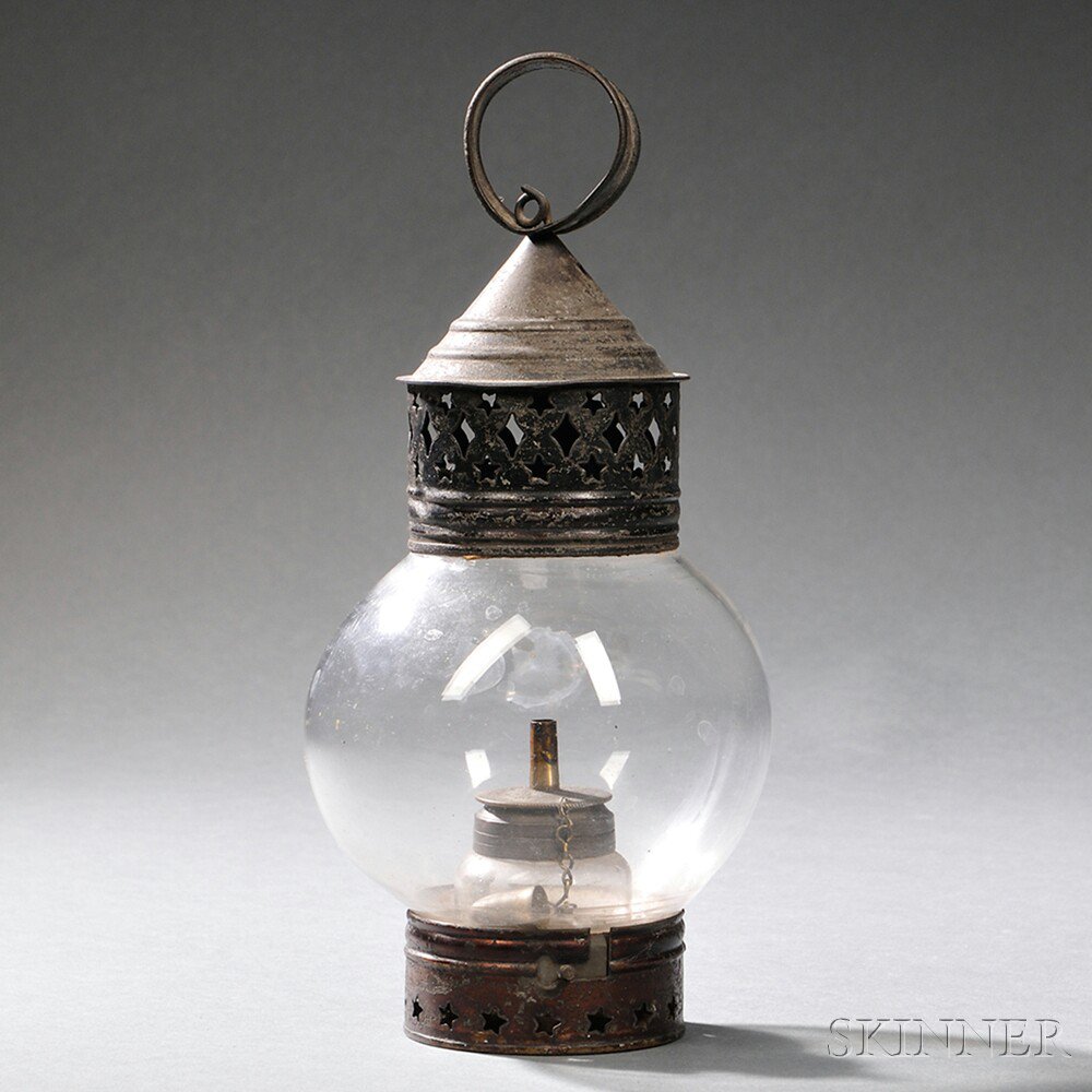 Appraisal: Glass Onion Globe Lantern with Pierced Tin Frame America th